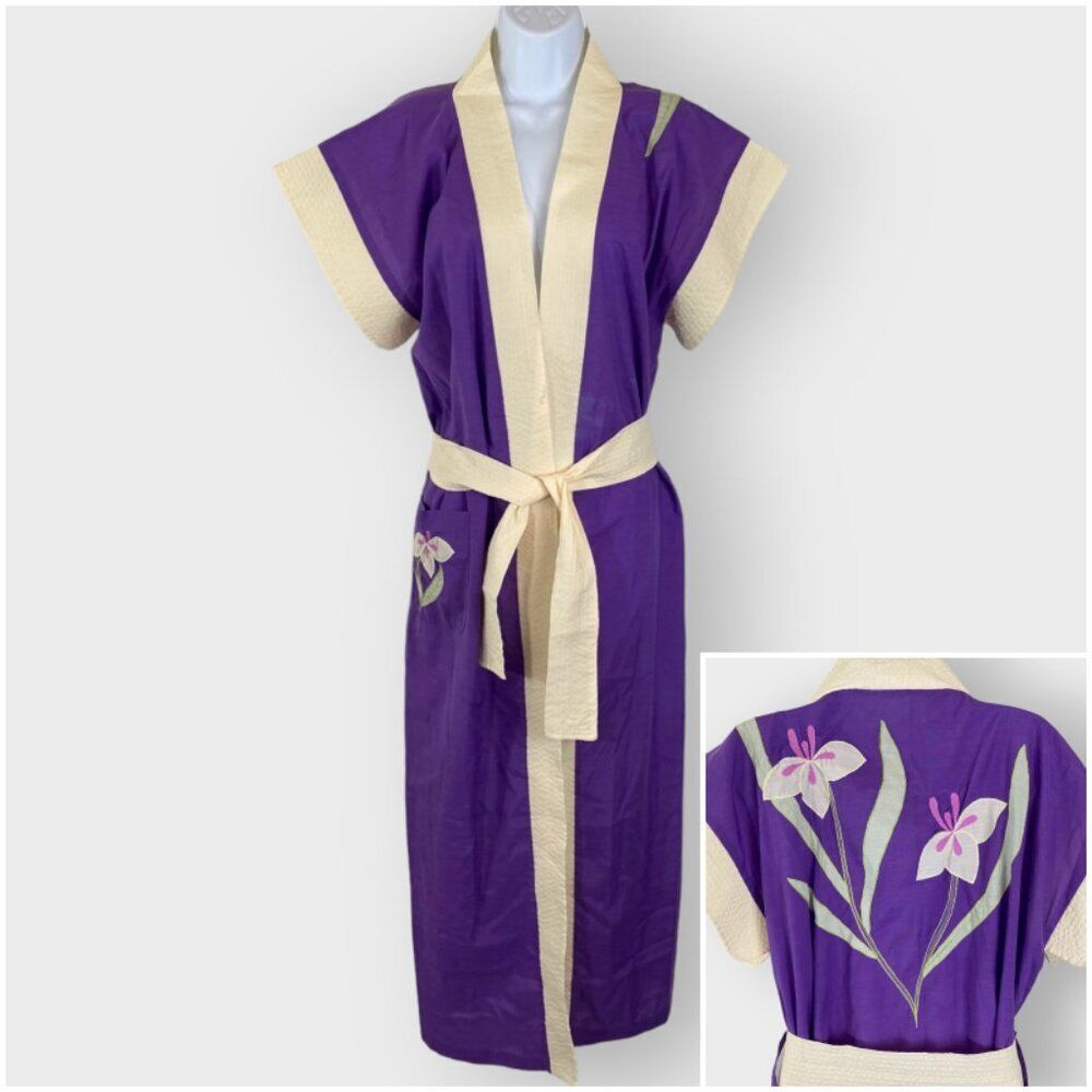 VTG | Lyre Bird Womens Kimono Robe | Large | Purple Cream | Belt | Floral